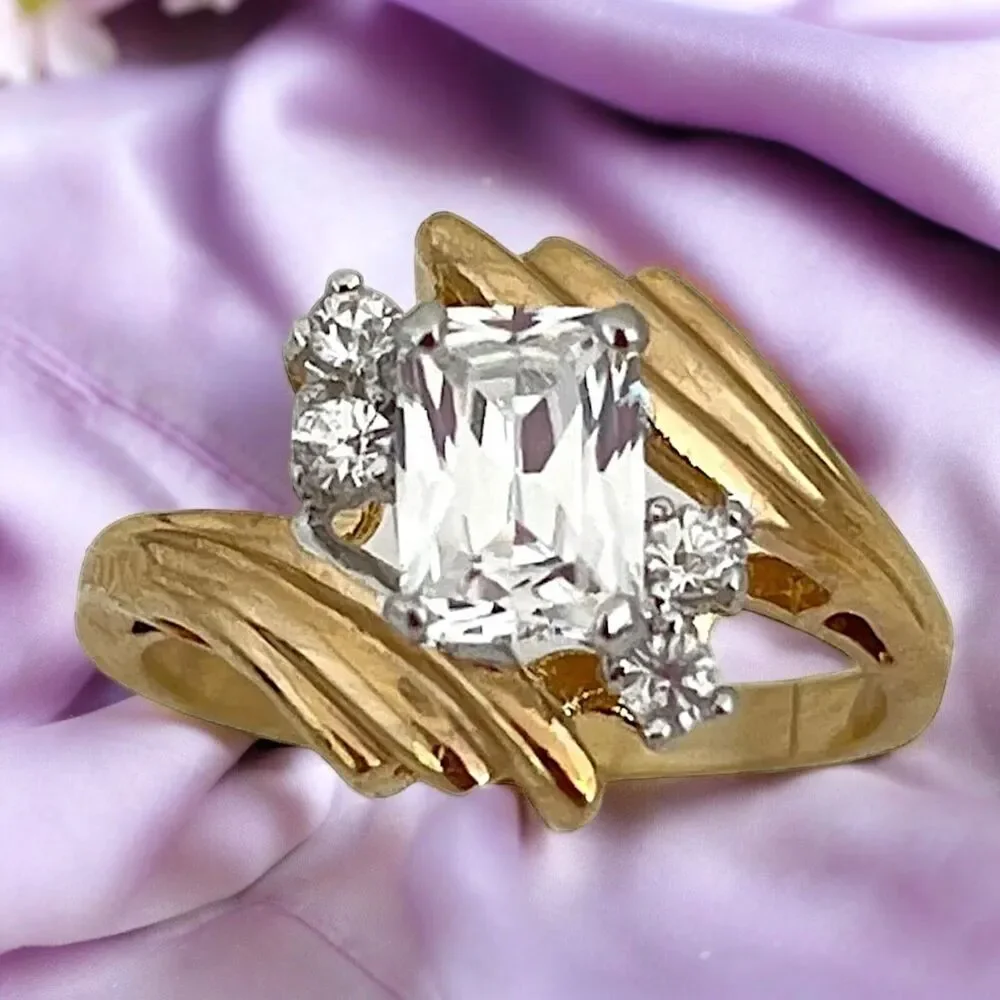 Vintage 1970s Ring Size 7 CZ Emerald Cut Solitaire Bypass Gold Plated - 14R